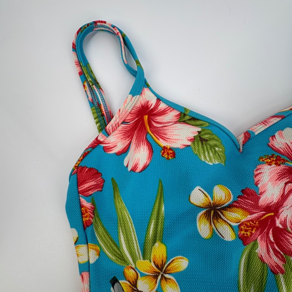 Liz Claiborne One Piece Swimsuit Teal Tropical Floral Hibiscus Plumeria Women's‎ - Picture 3 of 5